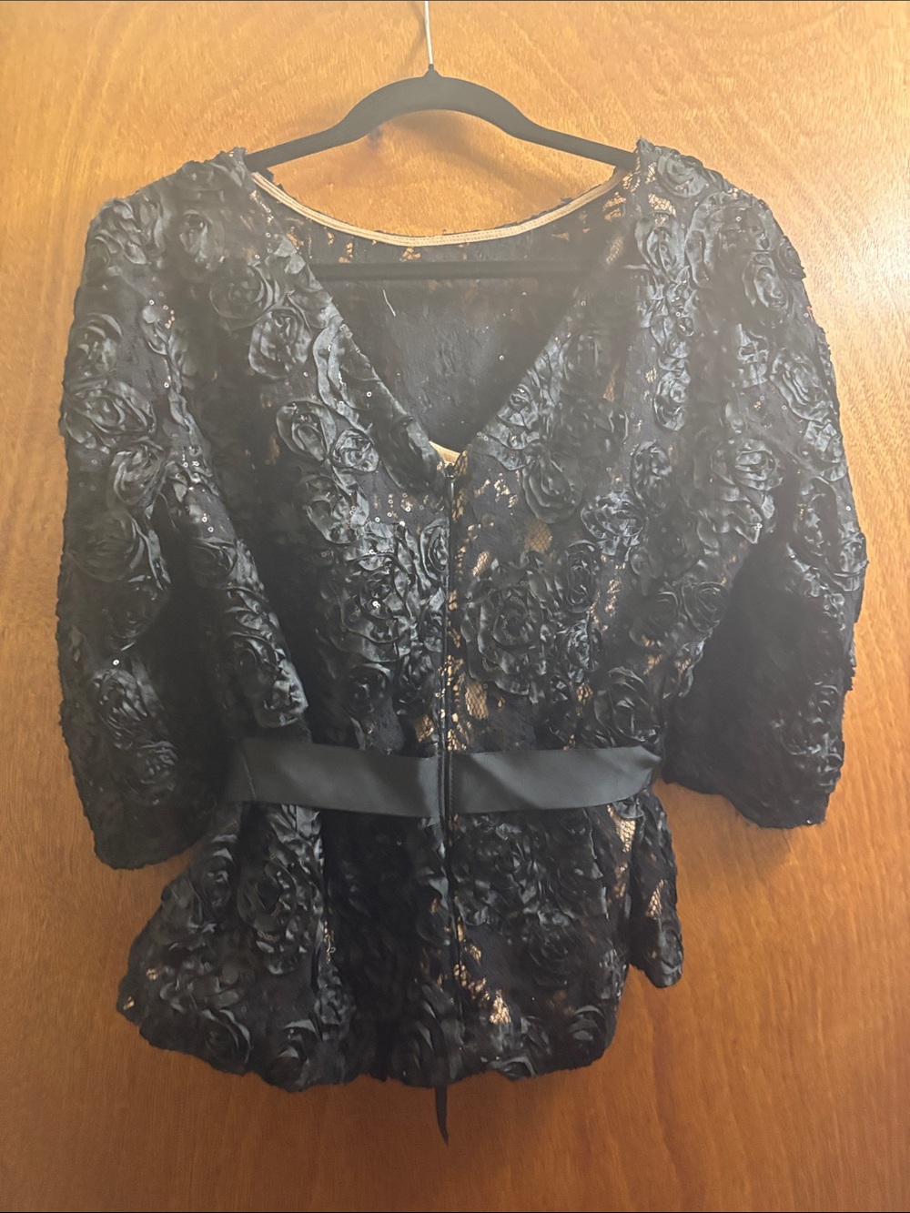 Black Floral Appliqué Tie-Waist Blouse - Picture 2 of 4